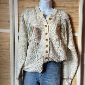Vintage 80s Hand Knit Erika Cream Cardigan with Feathers embroidered